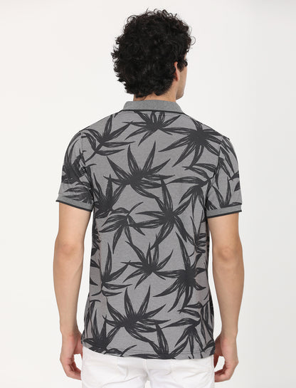 Dark Grey Leaf Printed Polo T-shirt