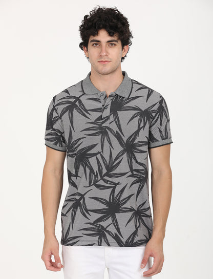 Dark Grey Leaf Printed Polo T-shirt