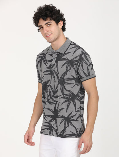 Dark Grey Leaf Printed Polo T-shirt