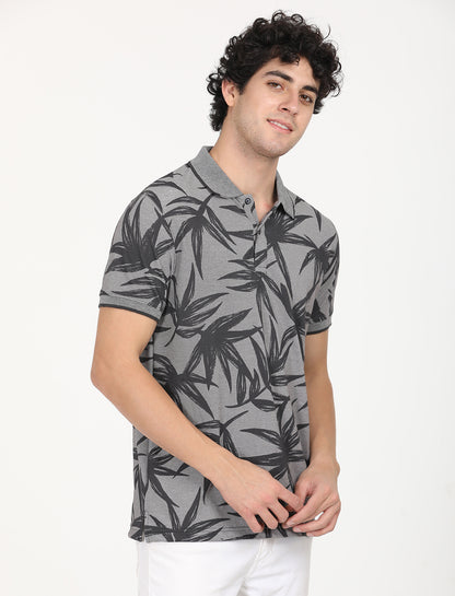 Dark Grey Leaf Printed Polo T-shirt