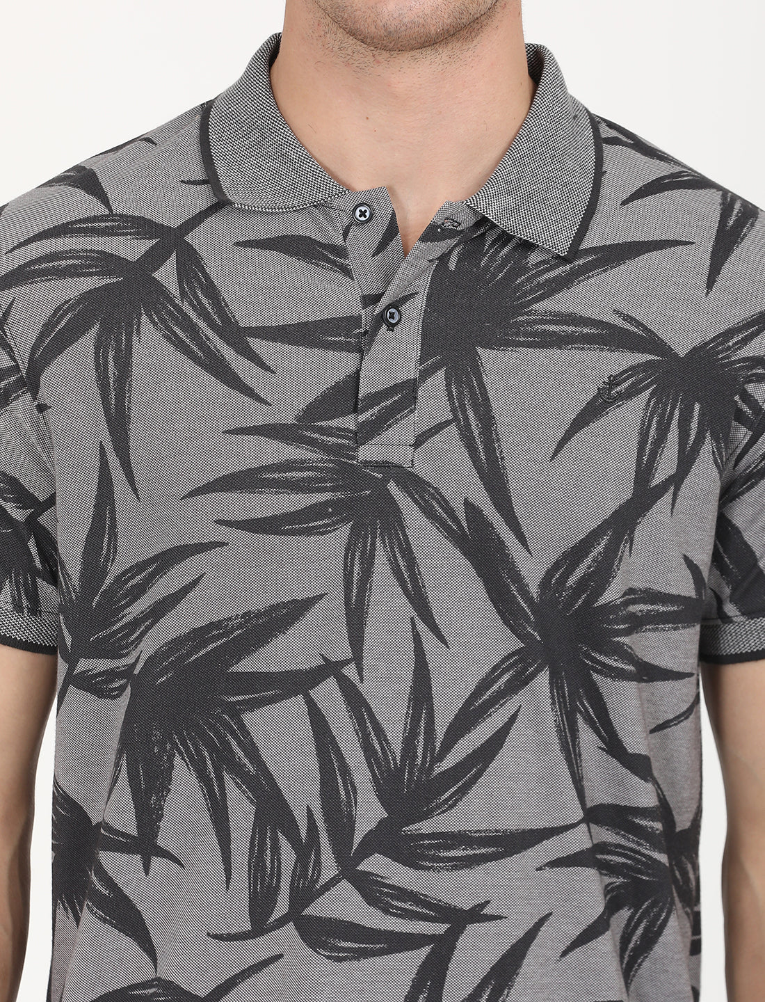 Dark Grey Leaf Printed Polo T-shirt