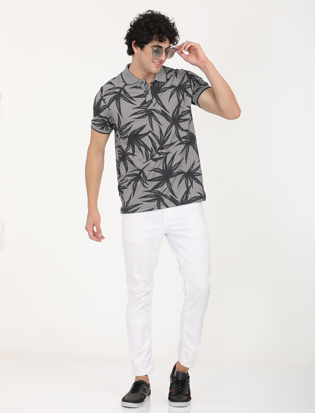 Dark Grey Leaf Printed Polo T-shirt