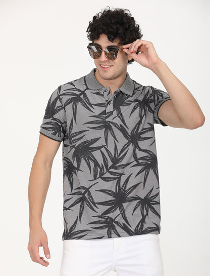 Dark Grey Leaf Printed Polo T-shirt