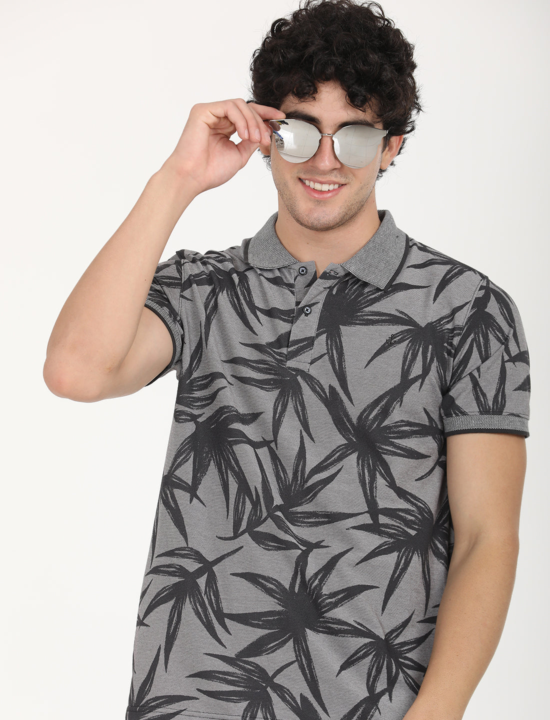 Dark Grey Leaf Printed Polo T-shirt