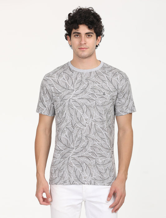 Printed Grey leaf Crew Neck T-shirt