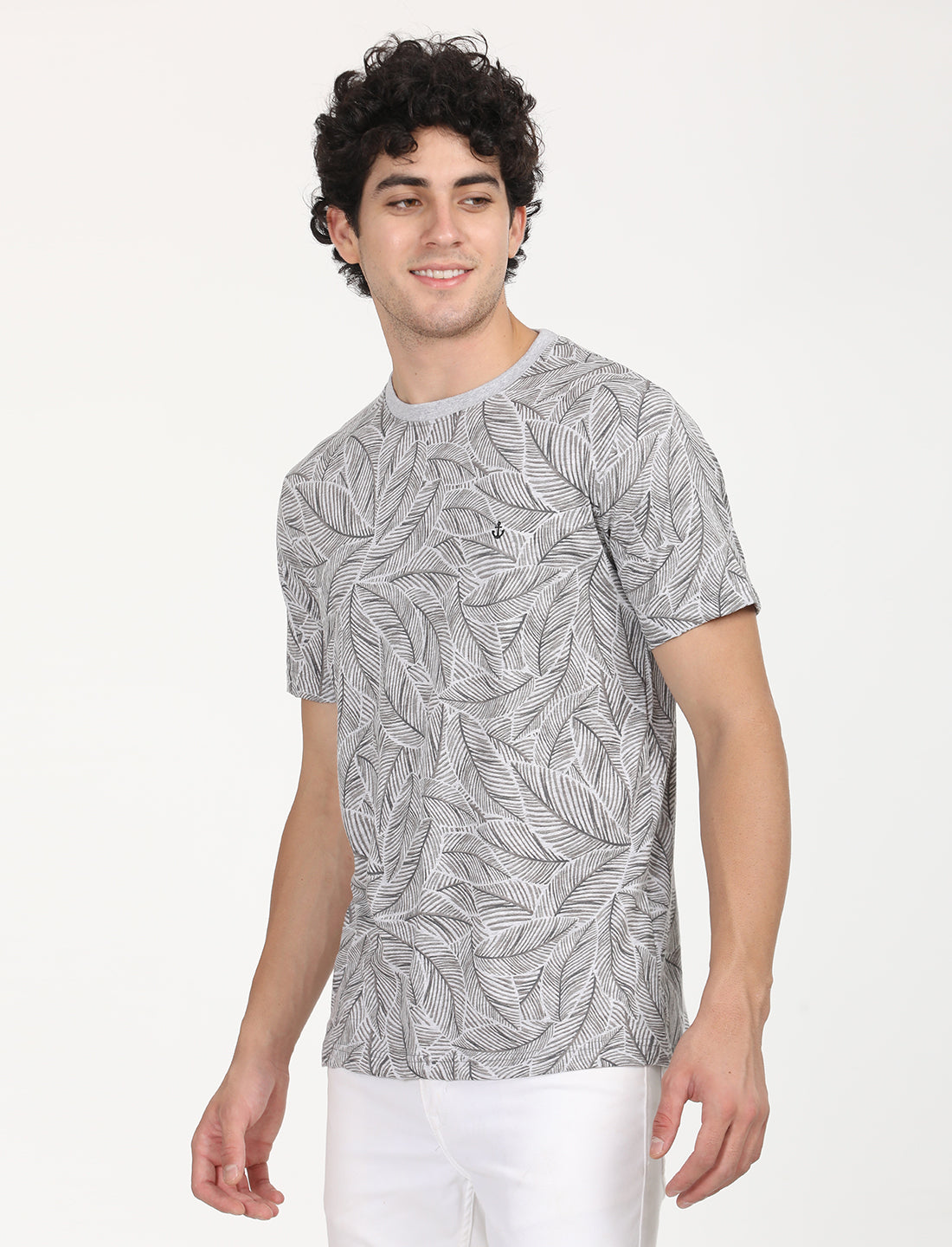 Printed Grey leaf Crew Neck T-shirt