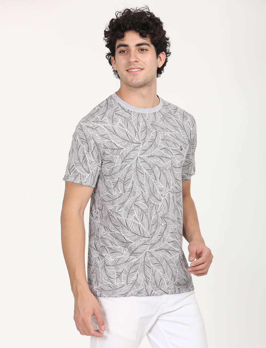 Printed Grey leaf Crew Neck T-shirt