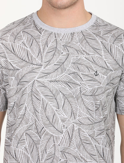 Printed Grey leaf Crew Neck T-shirt