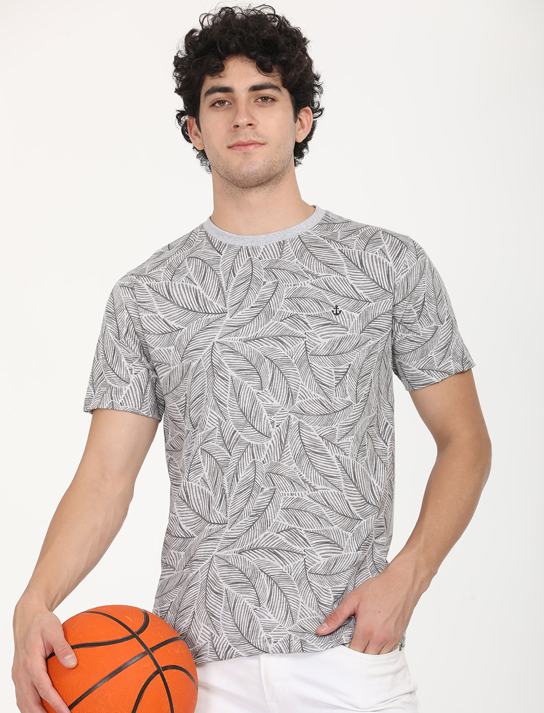 Printed Grey leaf Crew Neck T-shirt