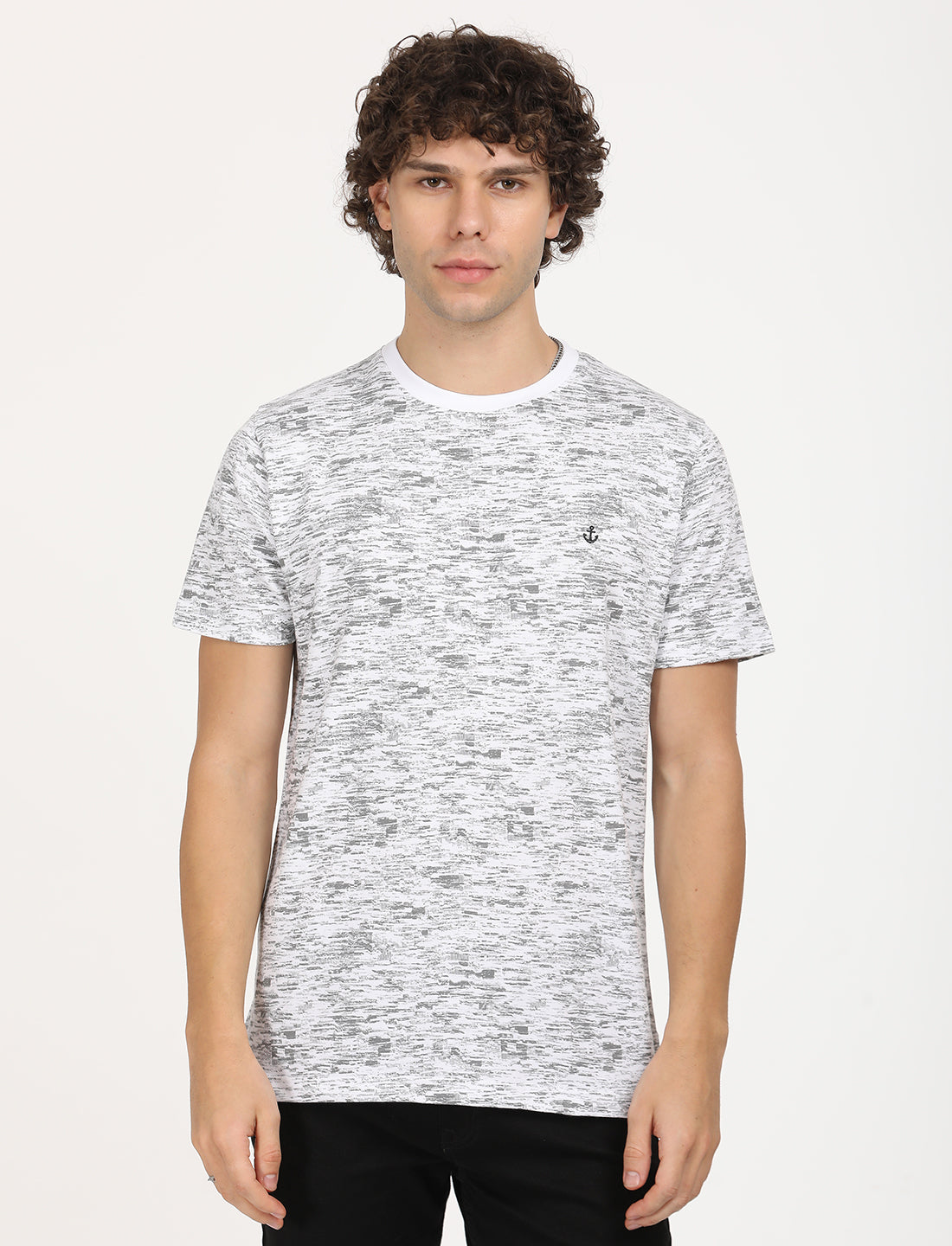 Printed White Self  crew neck T-shirt