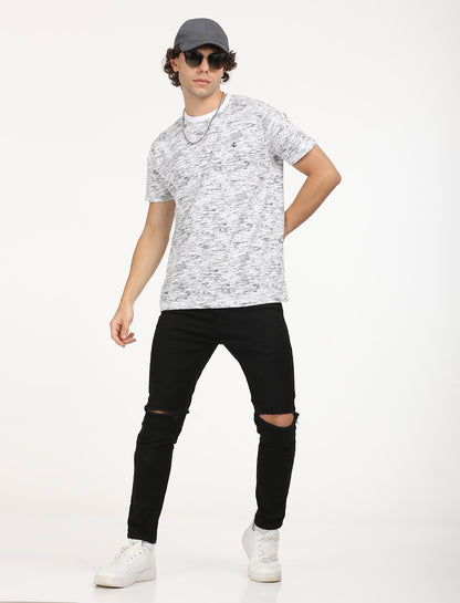 Printed White Self  crew neck T-shirt