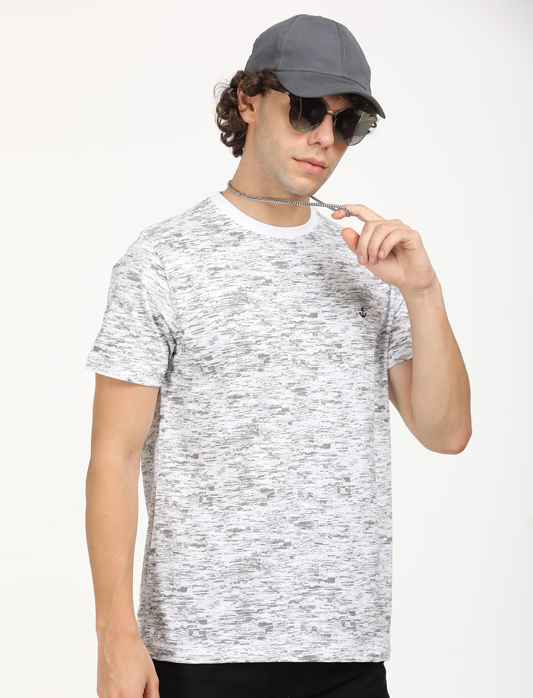 Printed White Self  crew neck T-shirt