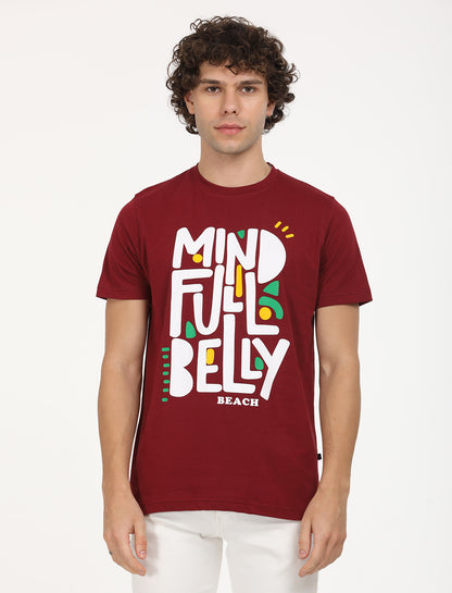 Graphical Mind Full Belly Meroon Crew Neck  T-shirt