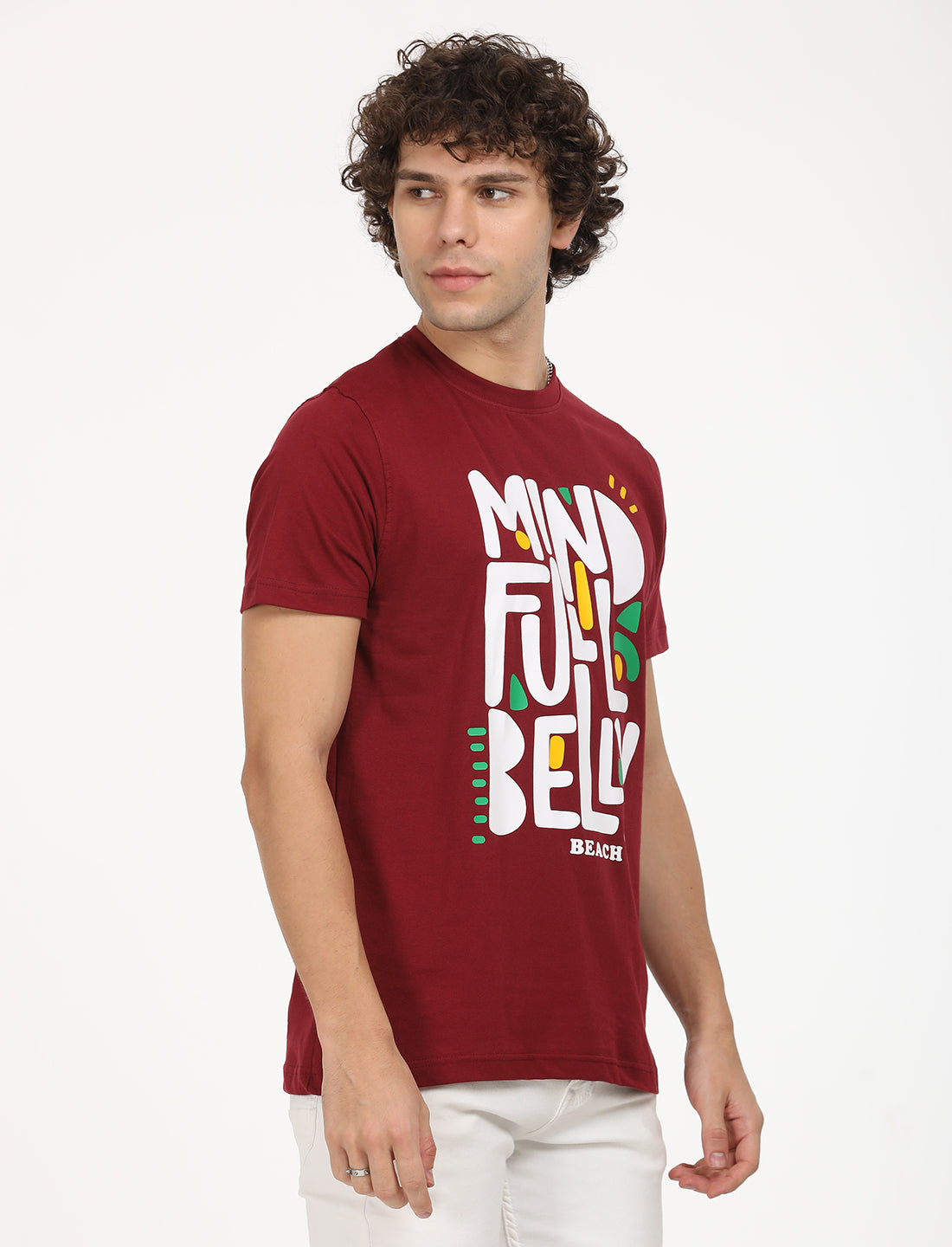 Graphical Mind Full Belly Meroon Crew Neck  T-shirt