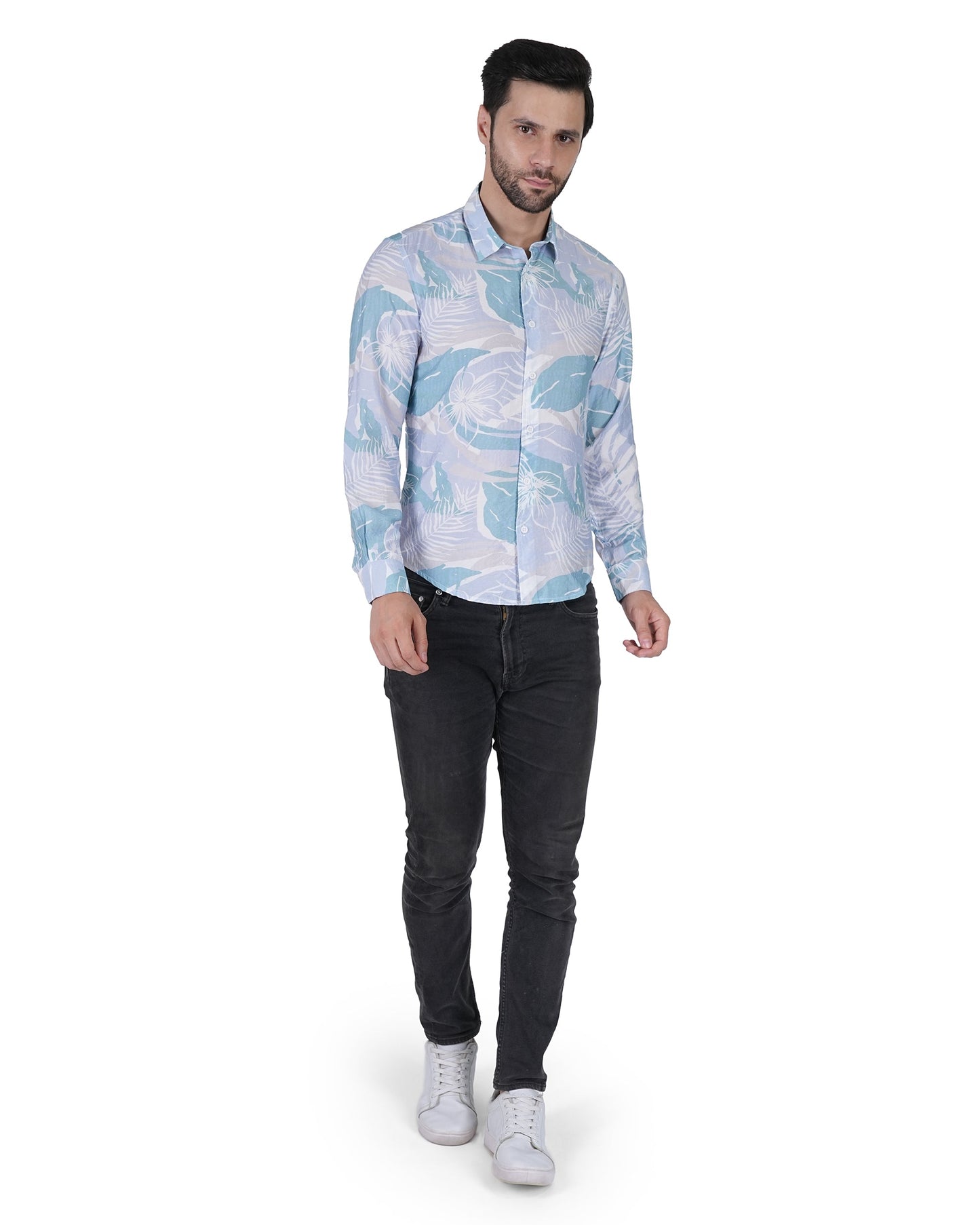 Printed Mint & White Leaf Blue Shirt