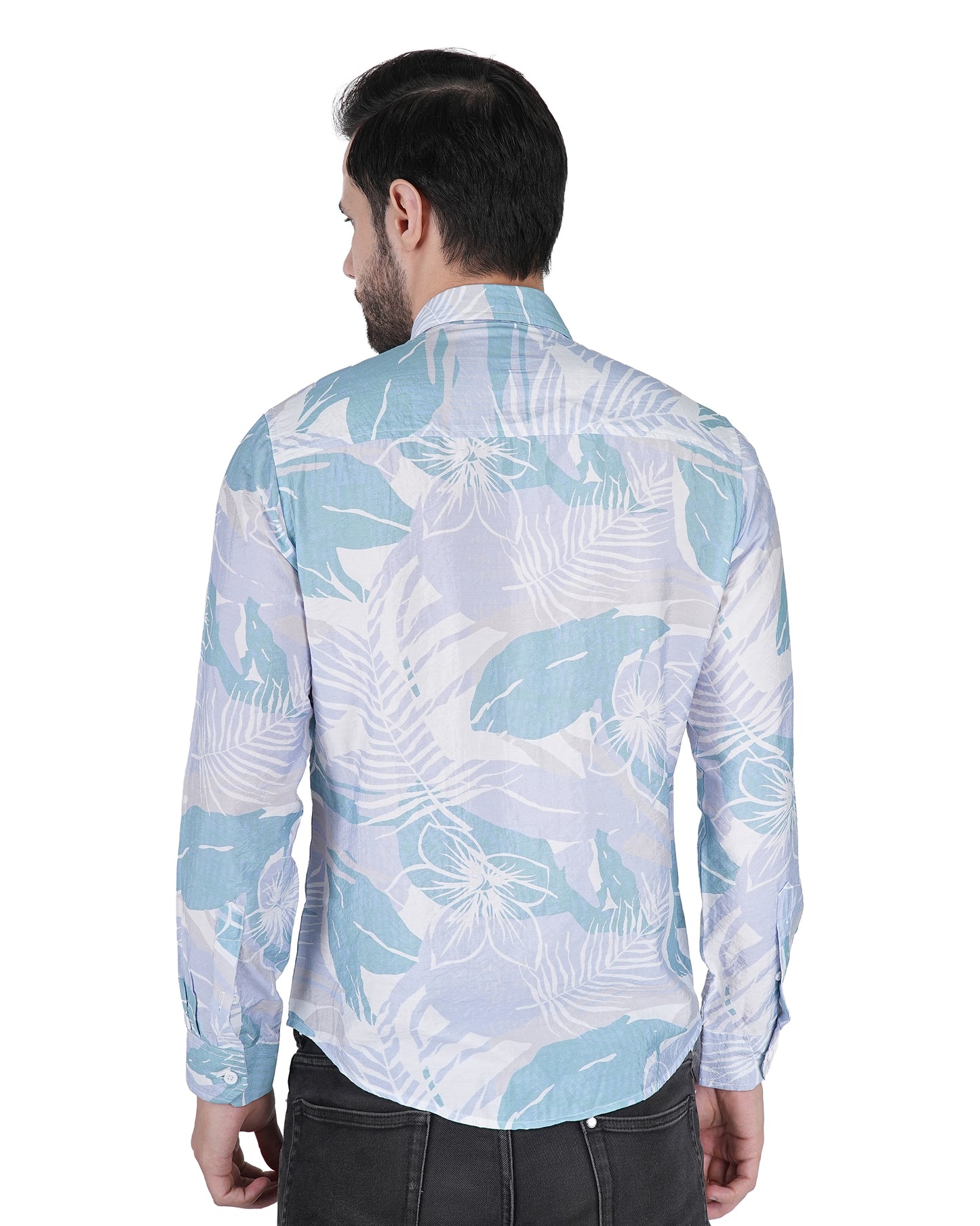 Printed Mint & White Leaf Blue Shirt