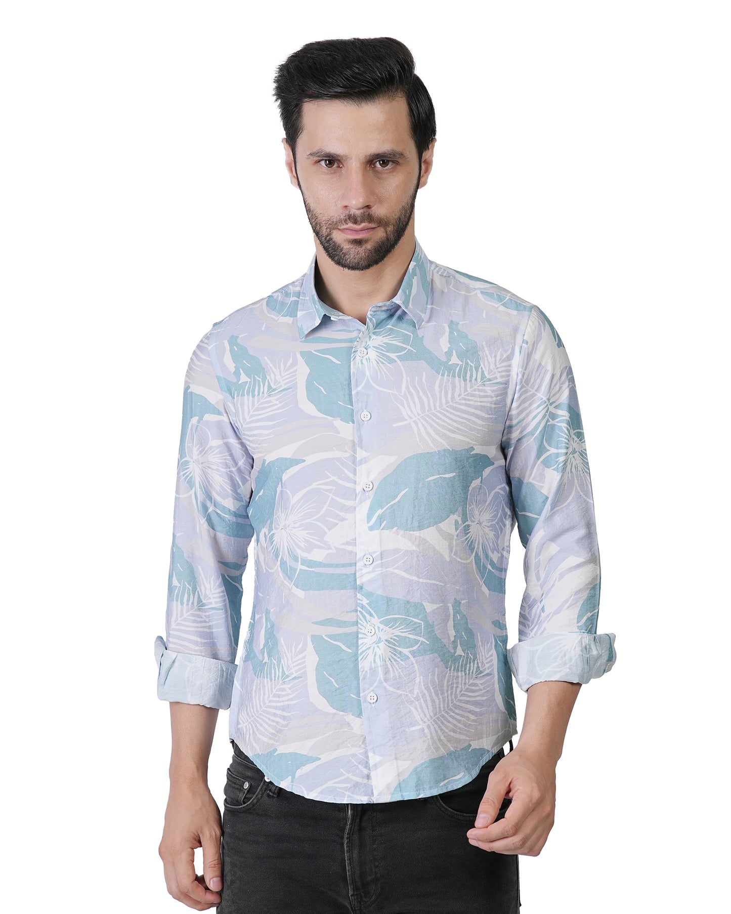 Printed Mint & White Leaf Blue Shirt