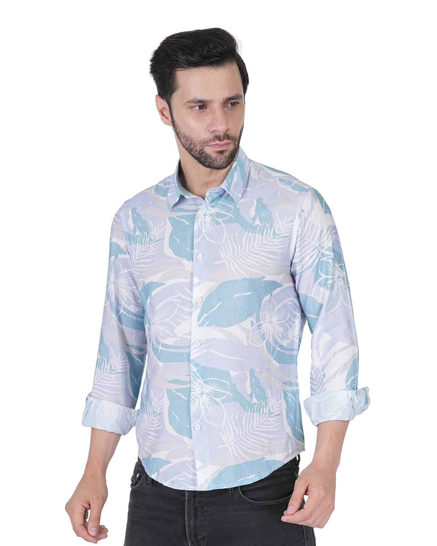 Printed Mint & White Leaf Blue Shirt