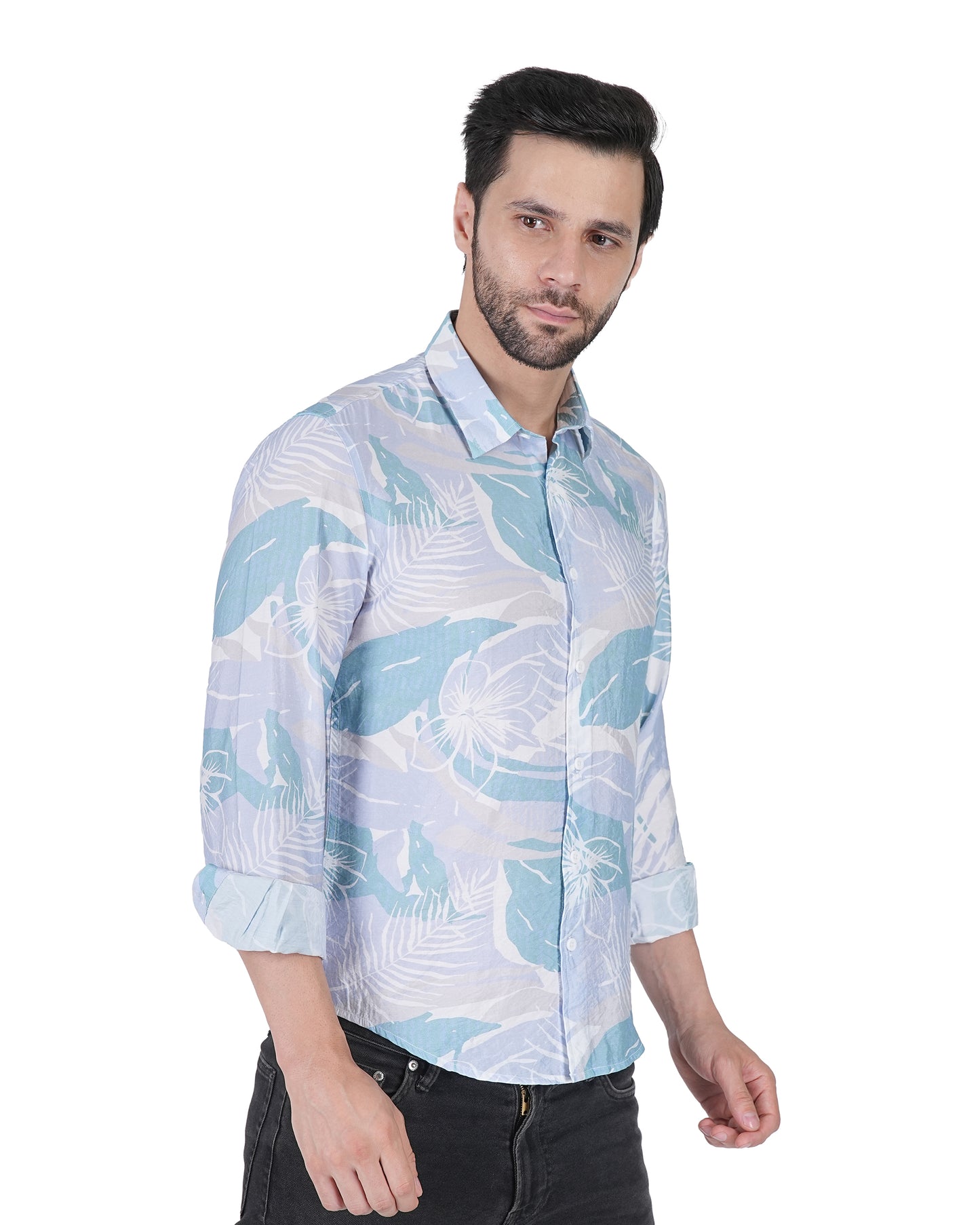 Printed Mint & White Leaf Blue Shirt