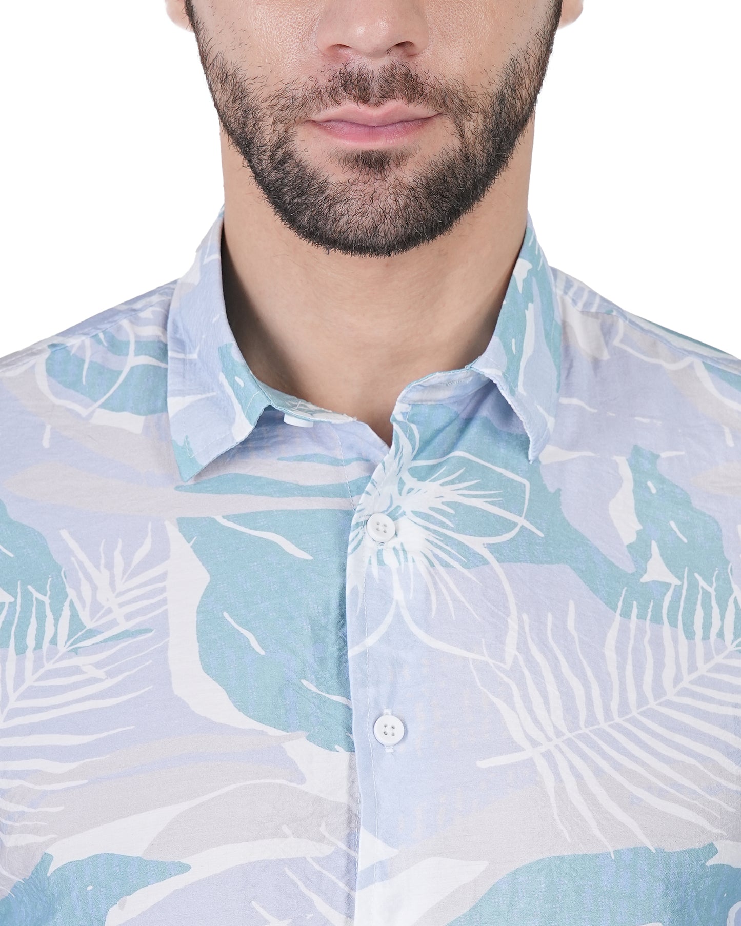 Printed Mint & White Leaf Blue Shirt