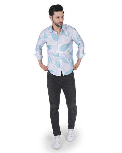 Printed Mint & White Leaf Blue Shirt