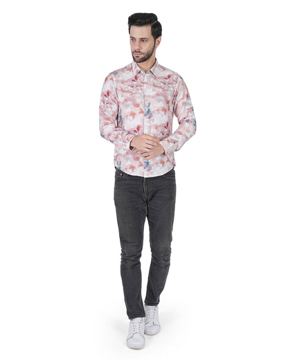 Leaf Printed Pink Slim Fit Shirt