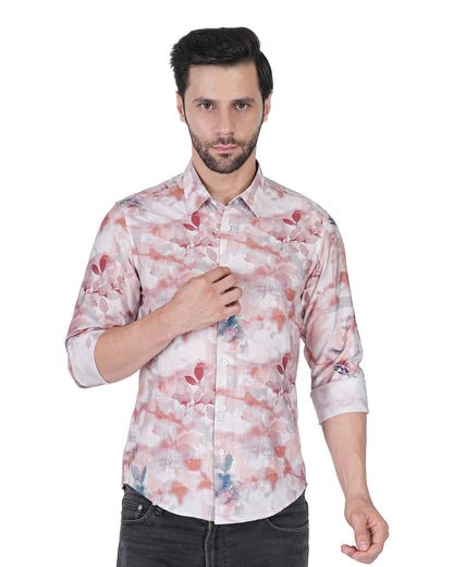 Leaf Printed Pink Slim Fit Shirt