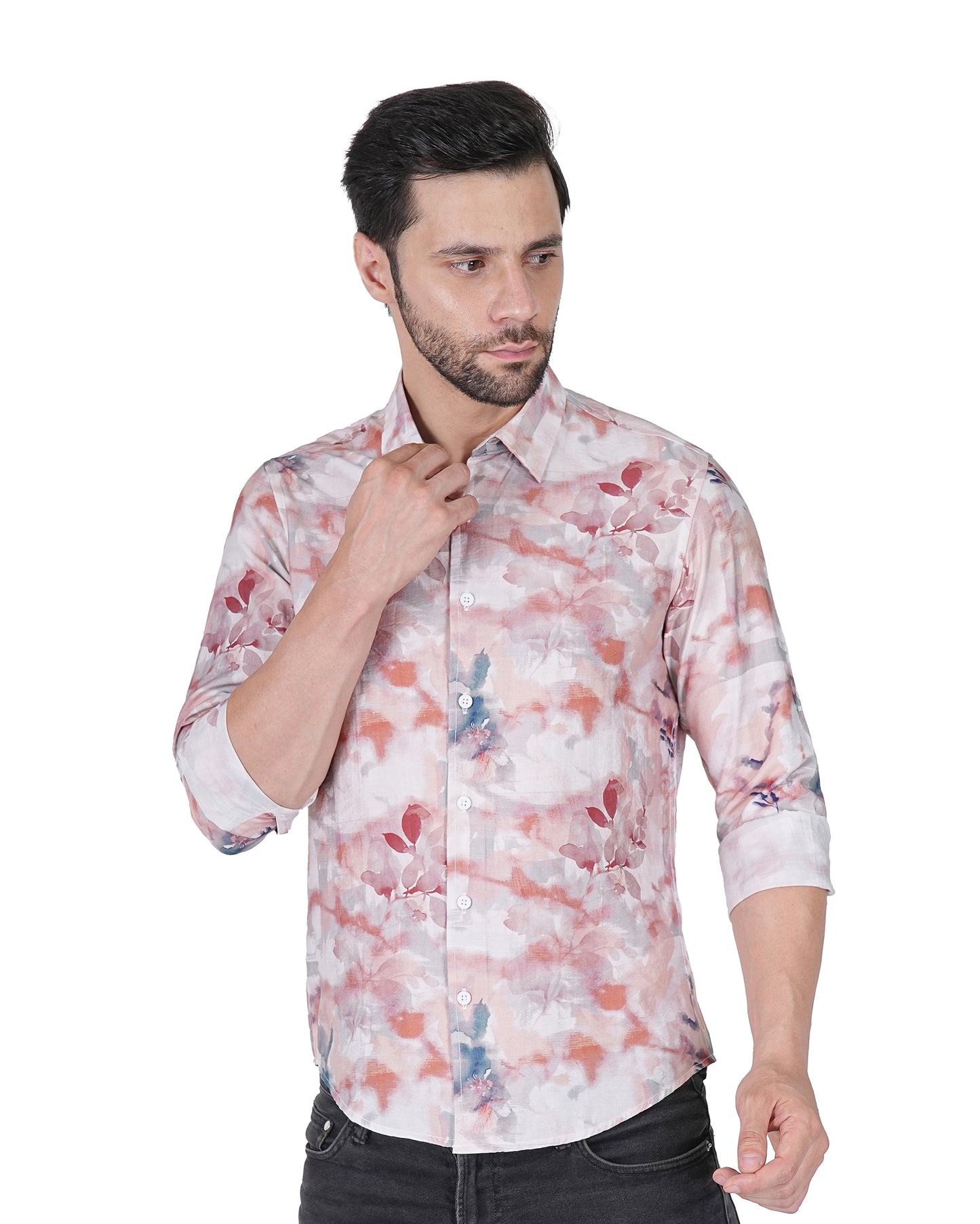 Leaf Printed Pink Slim Fit Shirt