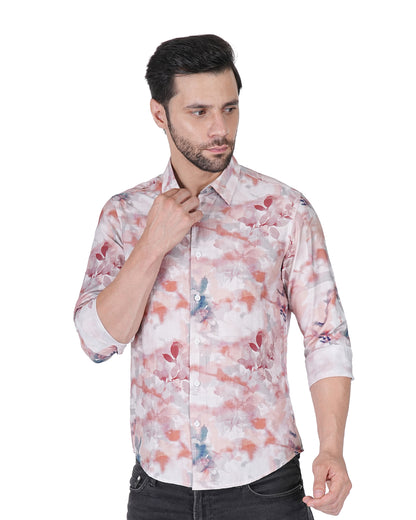 Leaf Printed Pink Slim Fit Shirt