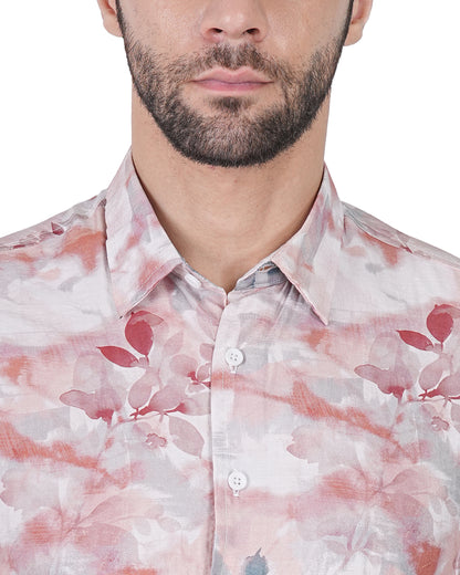 Leaf Printed Pink Slim Fit Shirt