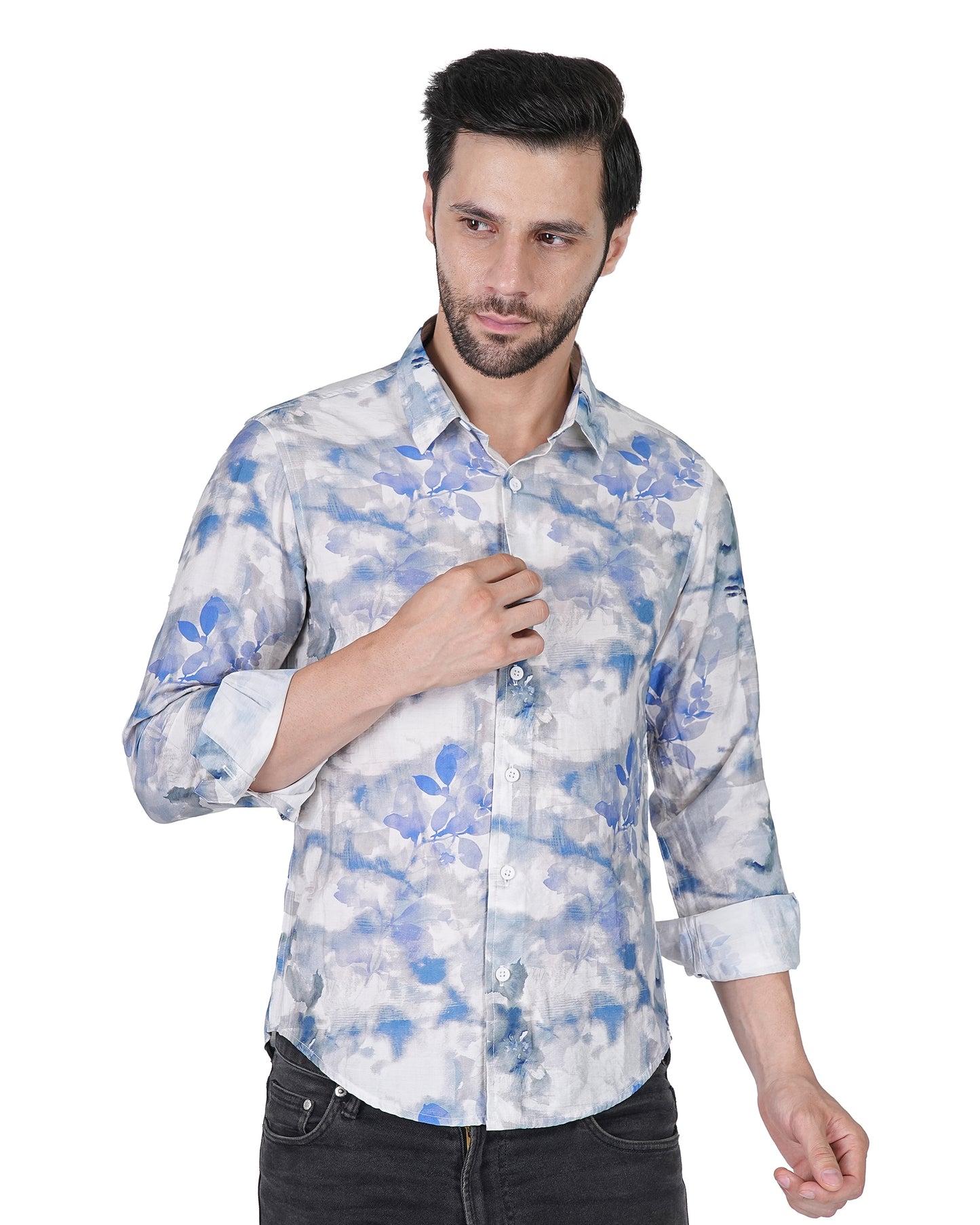 Leaf Printed Blue Slim Shirt