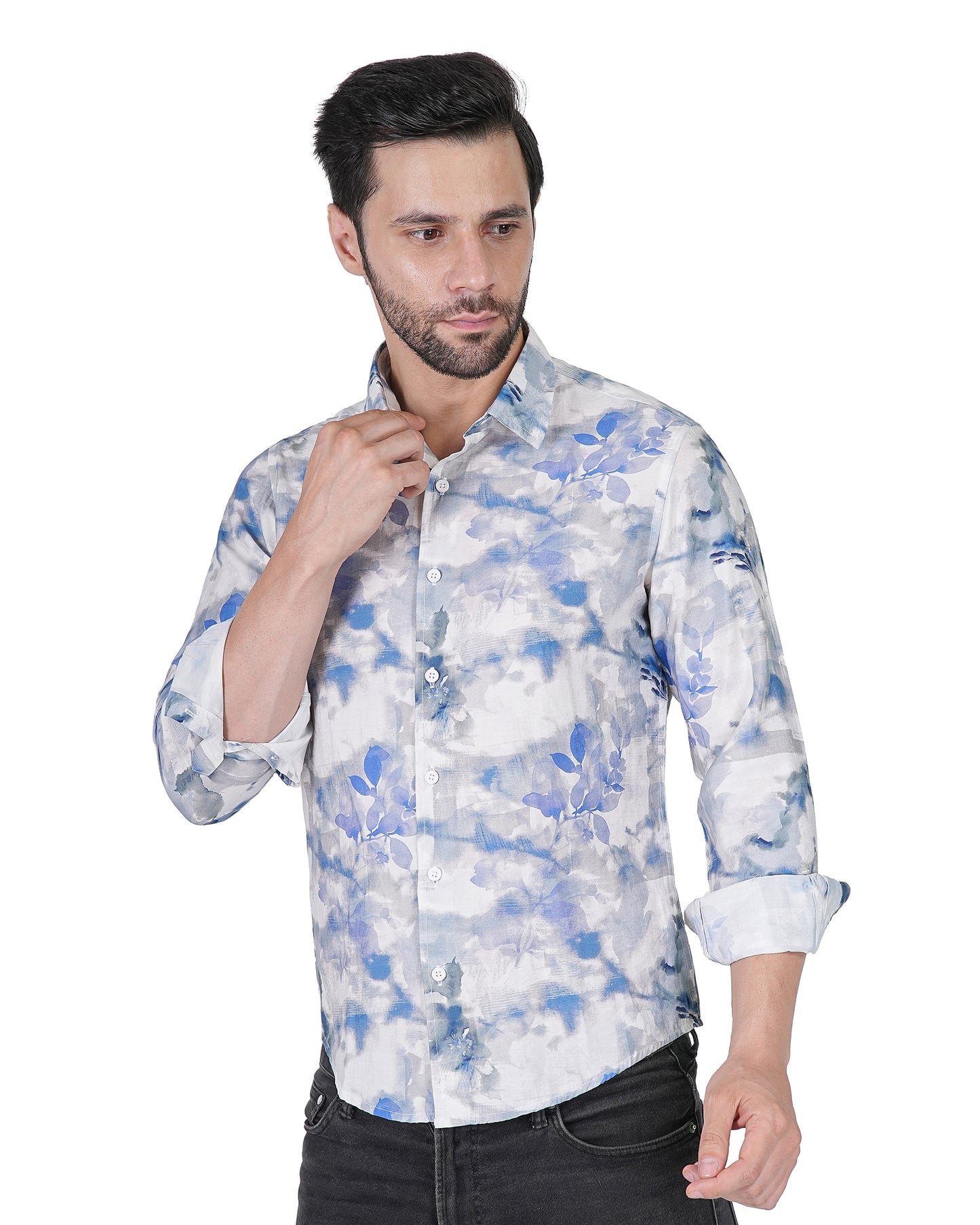 Leaf Printed Blue Slim Shirt