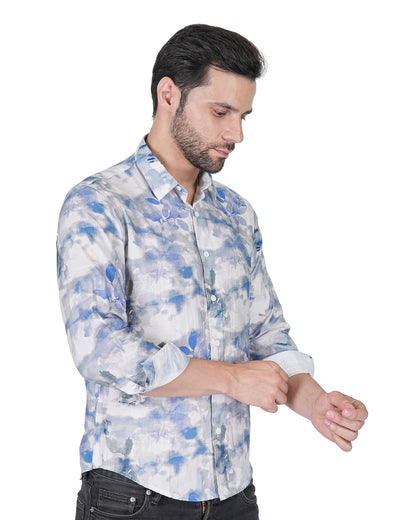 Leaf Printed Blue Slim Shirt