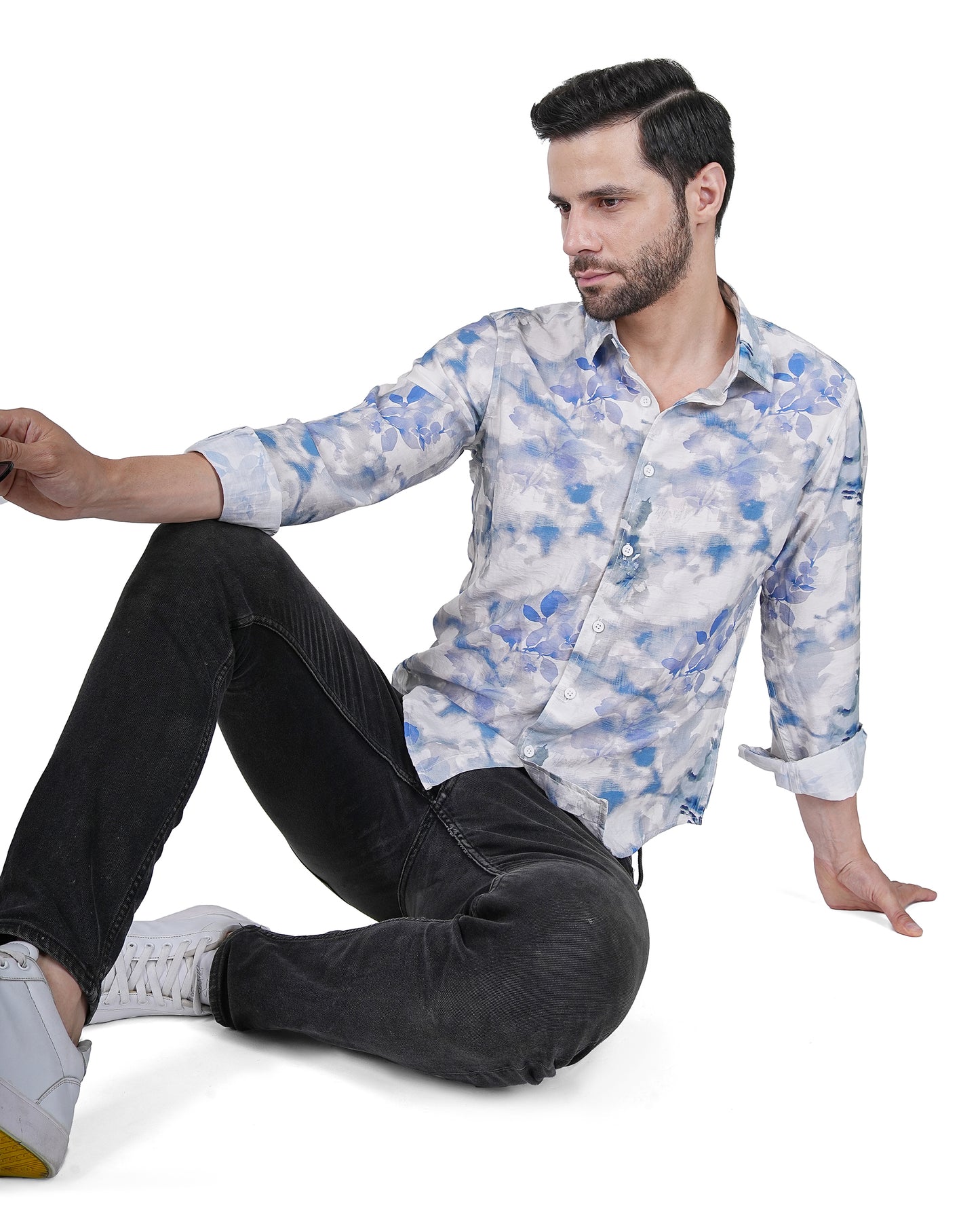 Leaf Printed Blue Slim Shirt