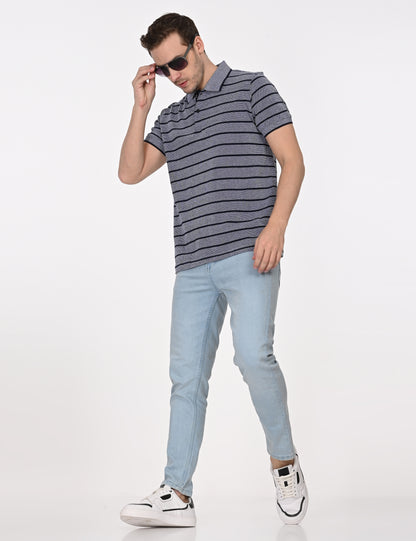 Dark Grey Striped Polo T-shirt