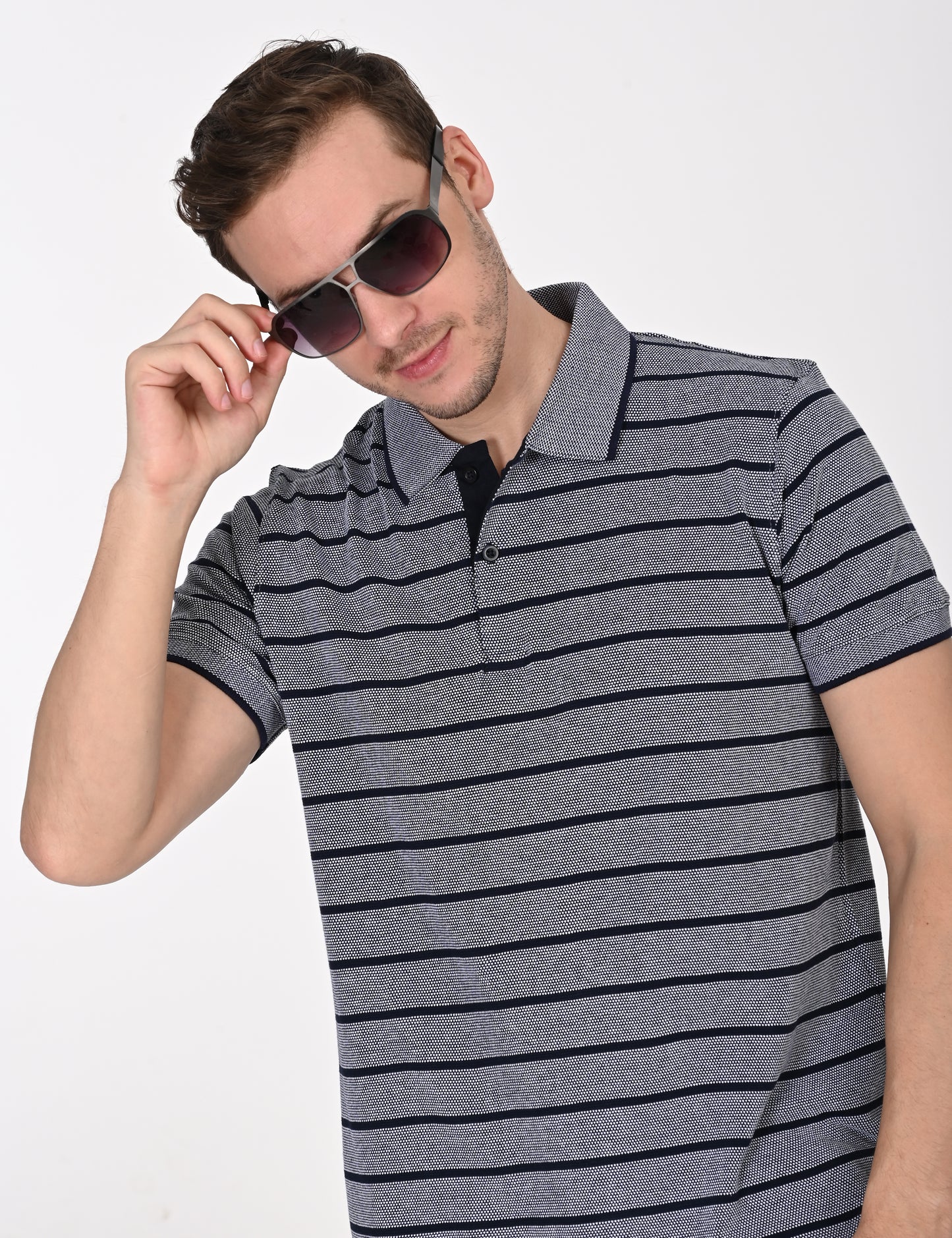 Dark Grey Striped Polo T-shirt