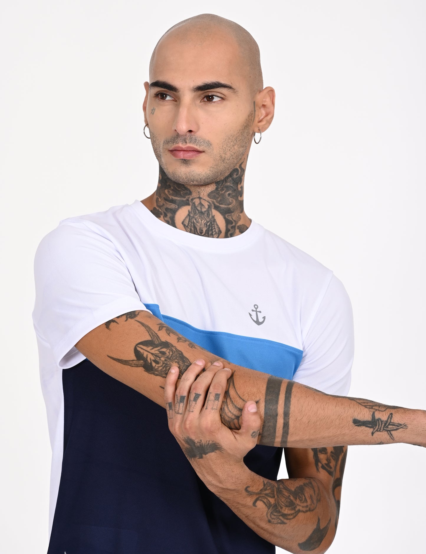 White with Blue Combo Crew Neck T-Shirt