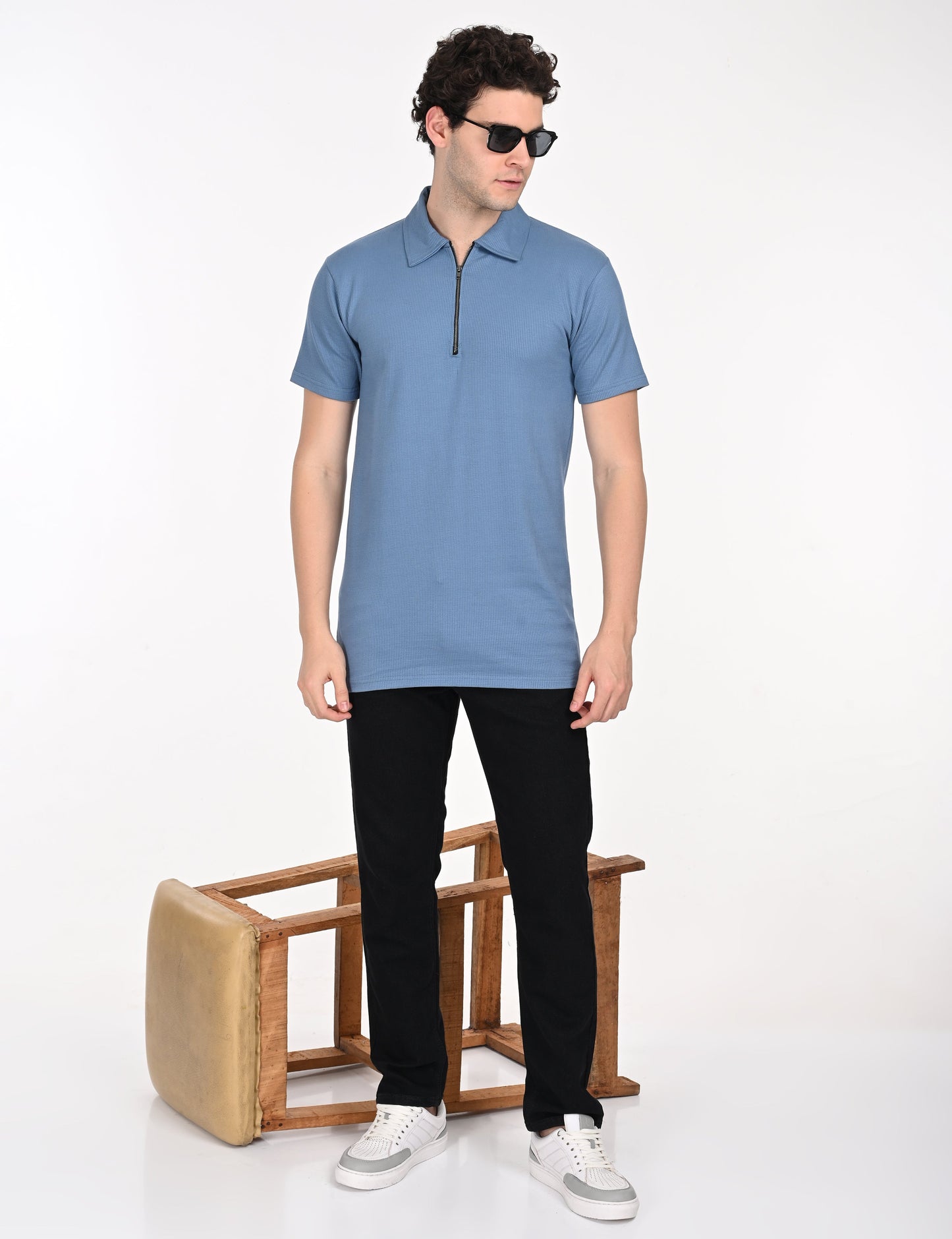 Imported Blue Lined Polo Zip T-shirt