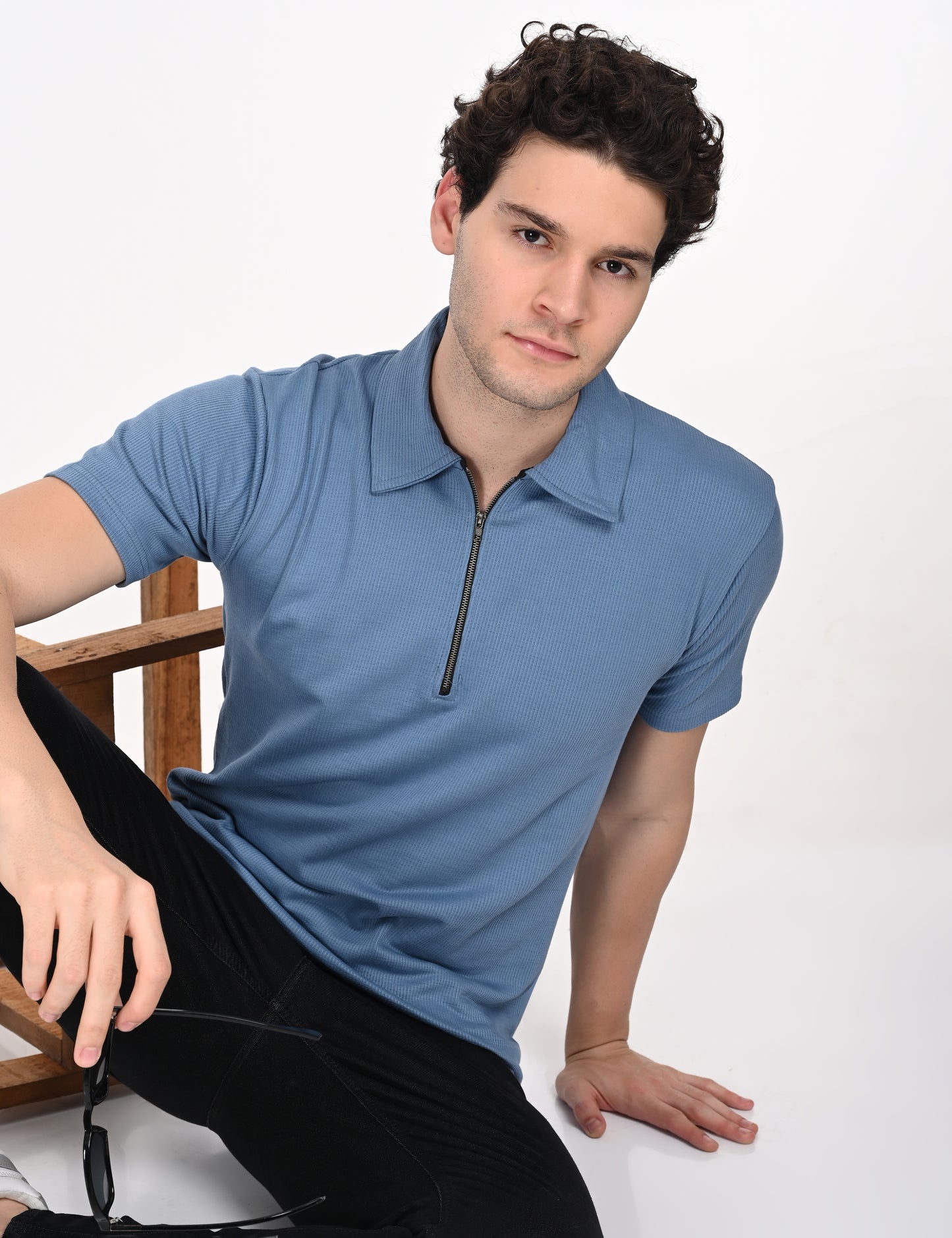 Imported Blue Lined Polo Zip T-shirt