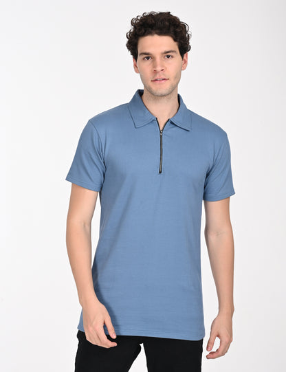 Imported Blue Lined Polo Zip T-shirt