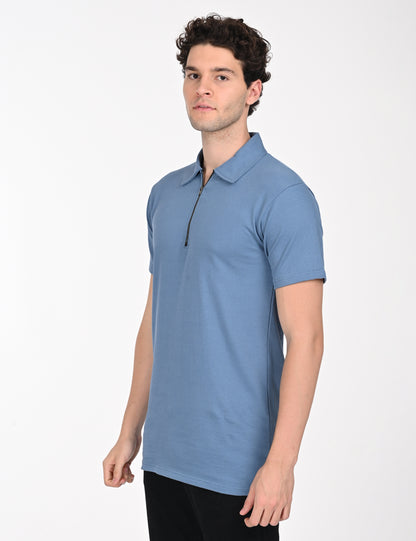 Imported Blue Lined Polo Zip T-shirt