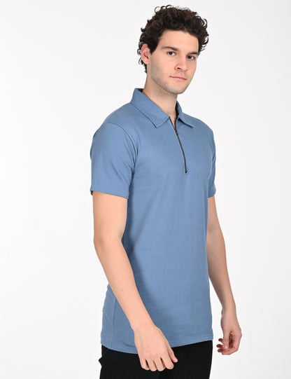 Imported Blue Lined Polo Zip T-shirt