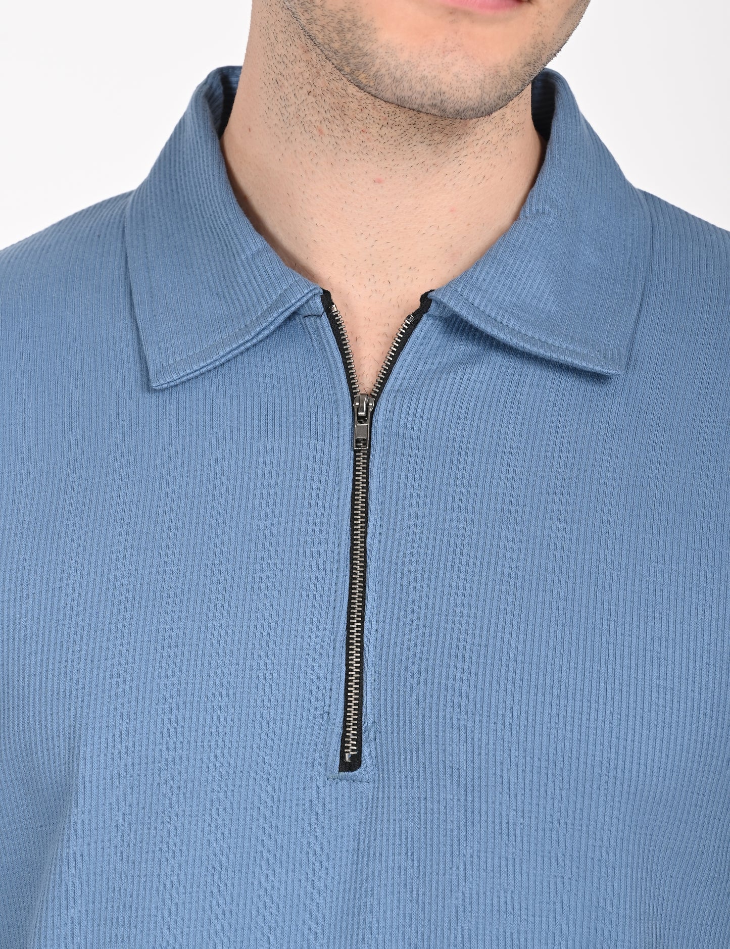 Imported Blue Lined Polo Zip T-shirt