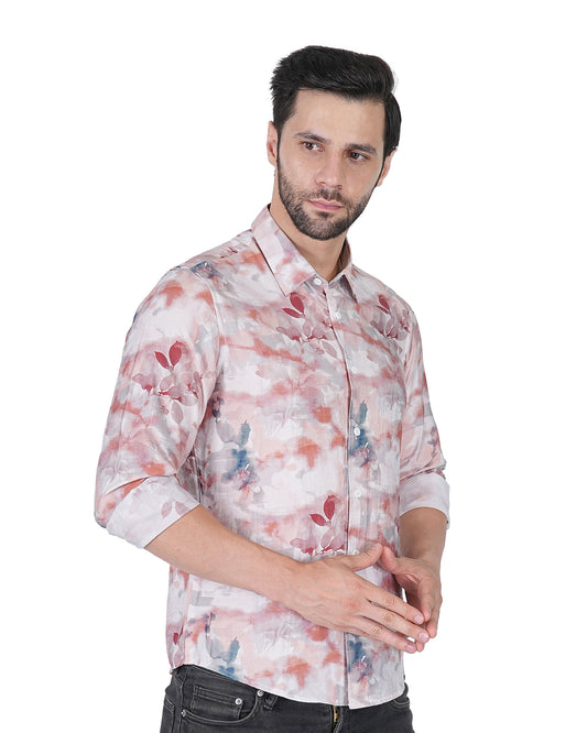 Leaf Printed Pink Slim Fit Shirt